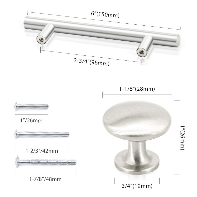 SUNRIVER 36 Pack Kitchen Cabinet Handles 26 Pack Cabinet Pulls Brushed Satin Nickel 10 Pack Cabinet Door Knobs 3-3/4" Hole Center Stainless Steel Cabinet Hardware for Drawer - Image 3